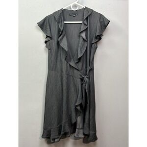 Tiana B Dress Womens Medium Gray Ruffle Wrap Tie Waist Crinkle Made USA
